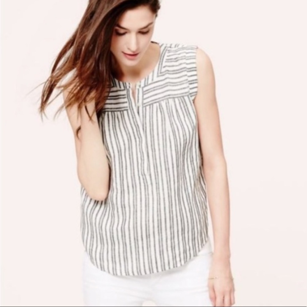 LOFT 100% linen striped blouse/Black+White/S